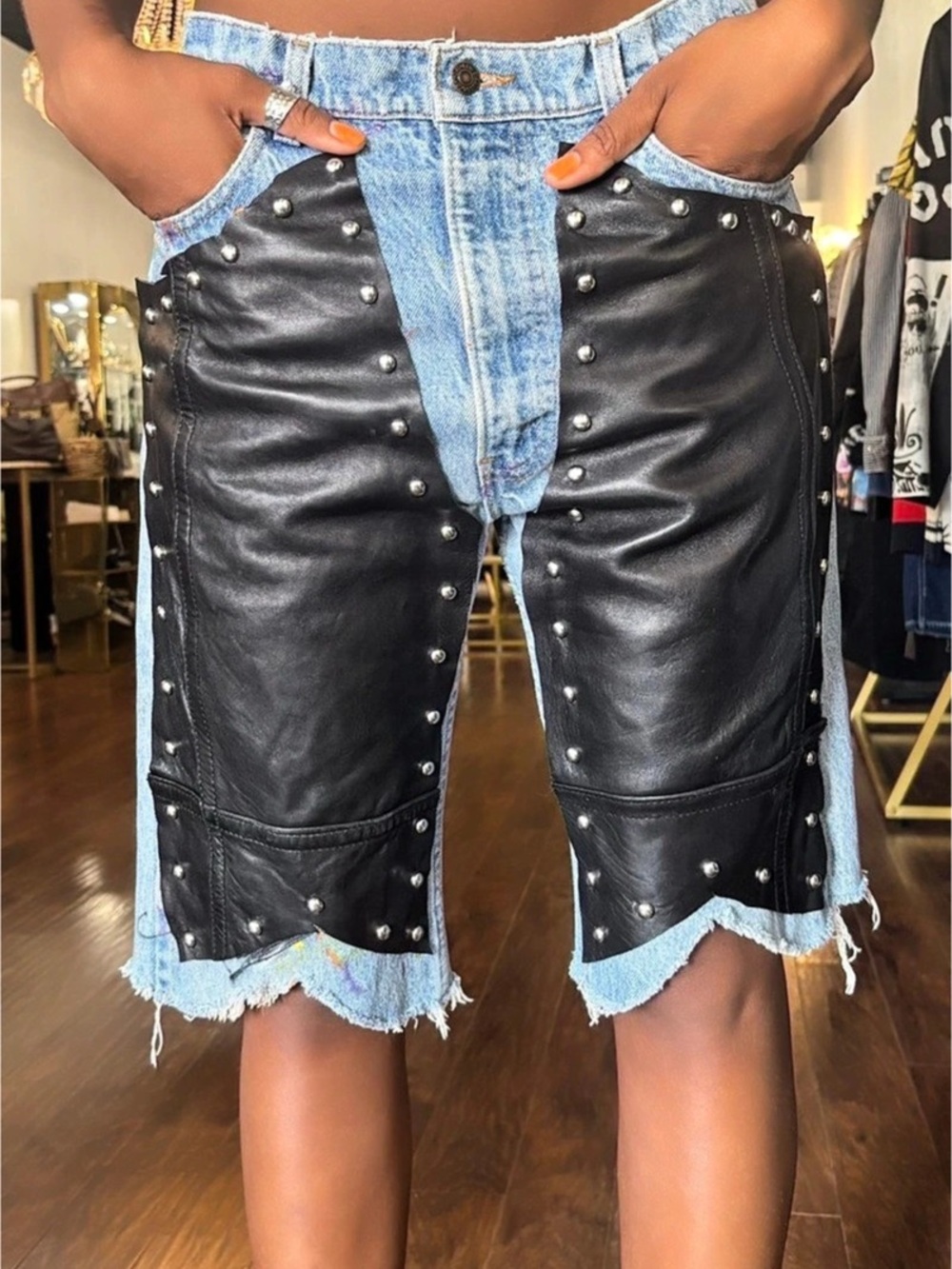 Vintage re-worked Levi's 505 Denim cut off Jean shorts with leather and studs
